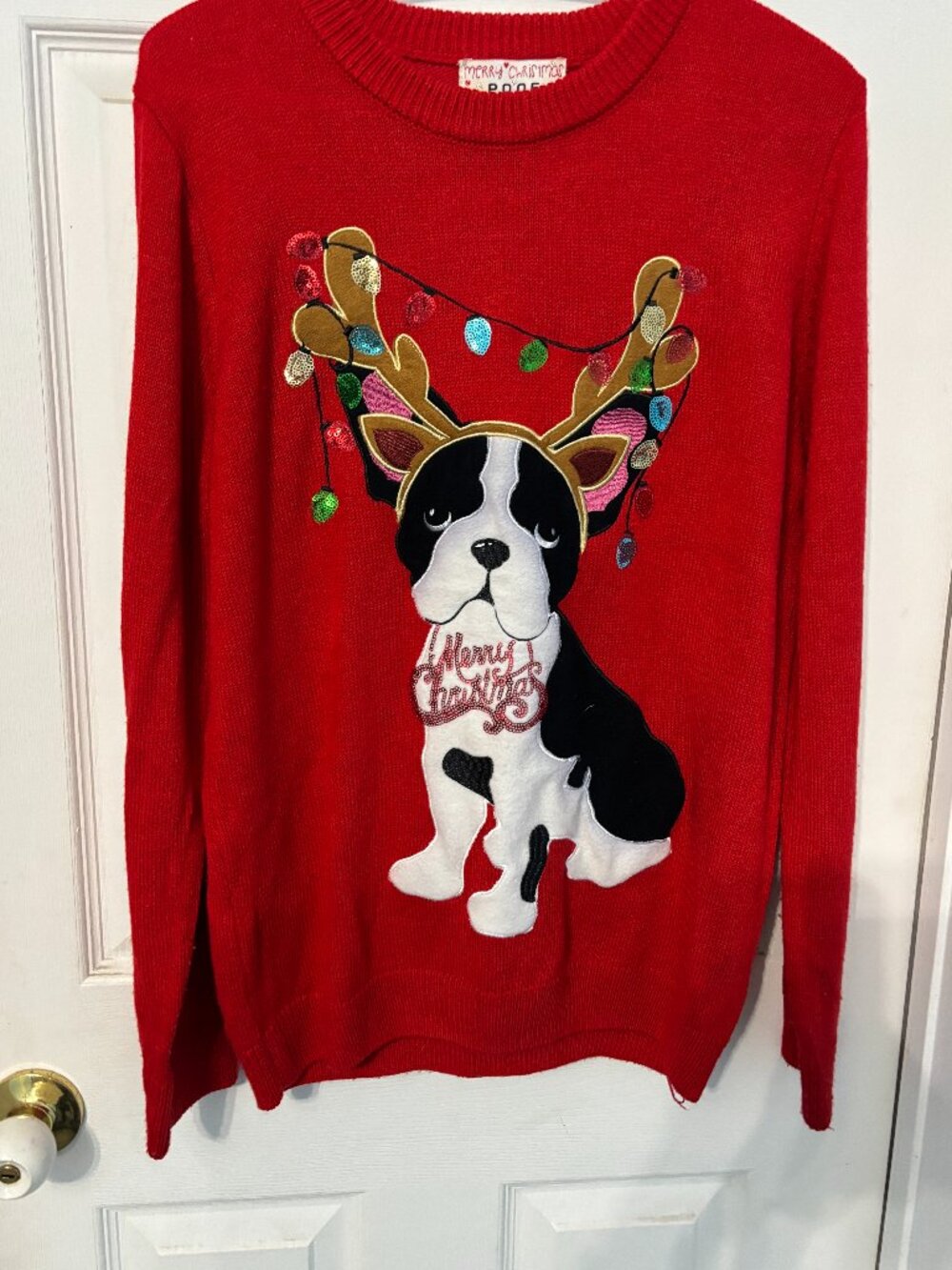 POOF NEW YORK CHRISTMAS SWEATER WITH BOSTON TERRIER , SIZE MEDIUM